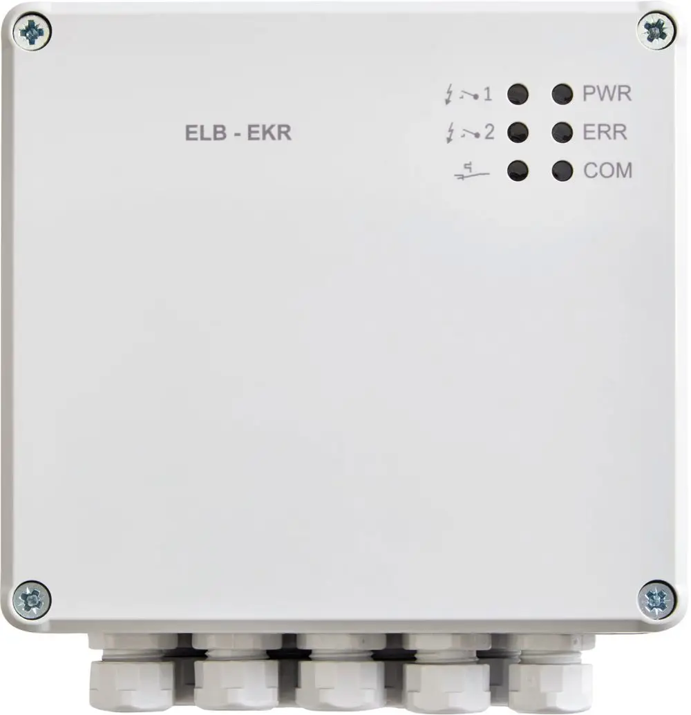 Weißes elektrisches Funktionsmodul mit drei Kontrollanzeigen (PWR, ERR, COM) und fünf Anschlussbuchsen, hergestellt von Bosch.